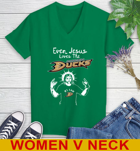 Anaheim Ducks NHL Hockey Even Jesus Loves The Ducks Shirt Women's V-Neck T-Shirt 5