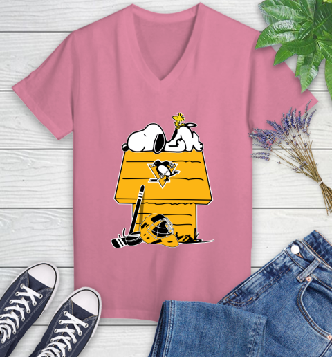 Pittsburgh Penguins NHL Hockey Snoopy Woodstock The Peanuts Movie Women's V-Neck T-Shirt 13