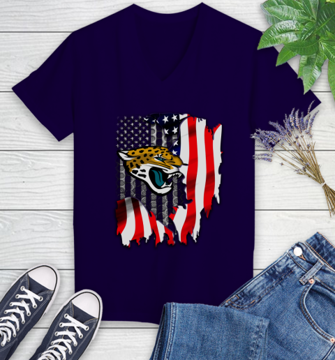 Jacksonville Jaguars NFL Football American Flag Women's V-Neck T-Shirt 3