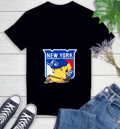 NHL Pikachu Hockey Sports New York Rangers Women's V-Neck T-Shirt 2