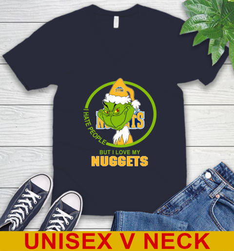 Denver Nuggets NBA Christmas Grinch I Hate People But I Love My Favorite Basketball Team V-Neck T-Shirt 3