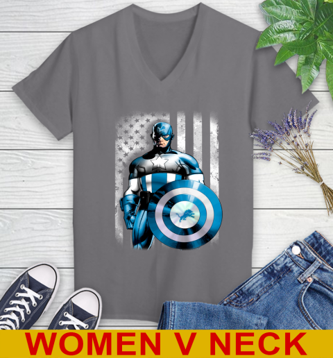 Detroit Lions NFL Football Captain America Marvel Avengers American Flag Shirt Women's V-Neck T-Shirt 11