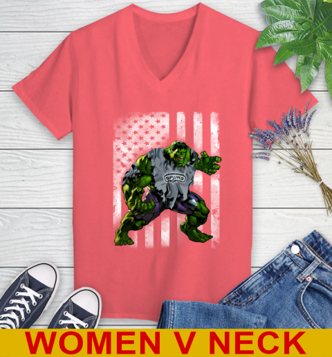 San Antonio Spurs Hulk Marvel Avengers NBA Basketball American Flag Women's V-Neck T-Shirt 6