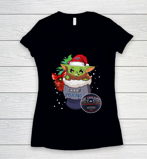 New Orleans Pelicans Christmas Baby Yoda Star Wars Funny Happy NBA Women's V-Neck T-Shirt