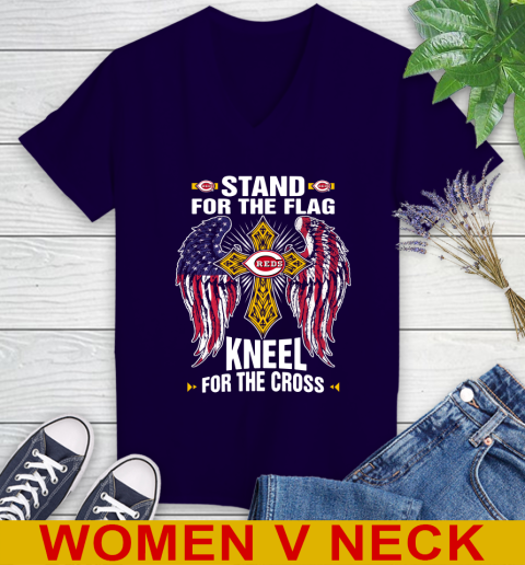 MLB Baseball Cincinnati Reds Stand For Flag Kneel For The Cross Shirt Women's V-Neck T-Shirt 3