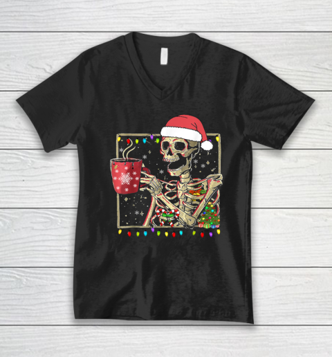 Christmas Skeleton With Smiling Skull Drinking Coffee Latte V-Neck T-Shirt