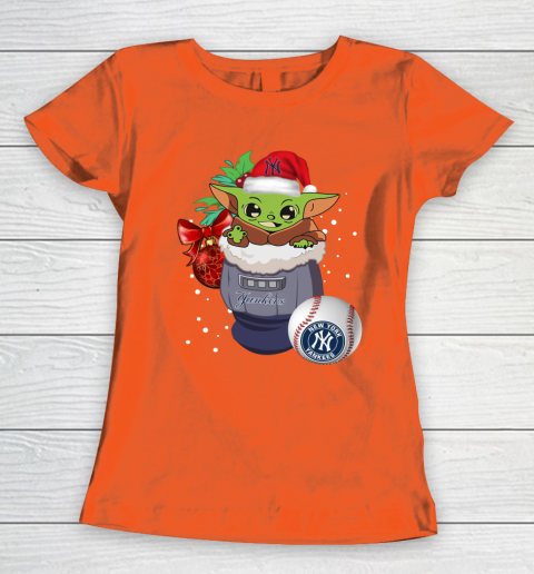 New York Yankees Christmas Baby Yoda Star Wars Funny Happy MLB Women's T-Shirt 5