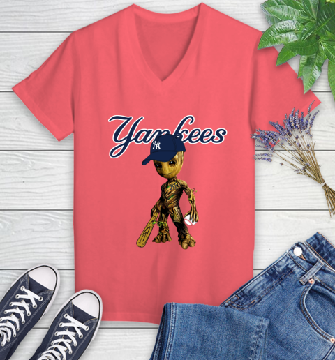 MLB New York Yankees Groot Guardians Of The Galaxy Baseball Women's V-Neck T-Shirt 6