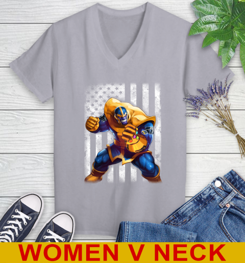 NBA Basketball Utah Jazz Thanos Marvel American Flag Shirt Women's V-Neck T-Shirt - Image 5