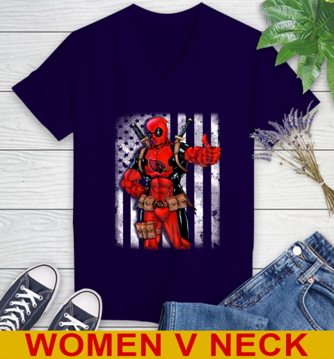NFL Football Arizona Cardinals Deadpool American Flag Shirt Women's V-Neck T-Shirt 3