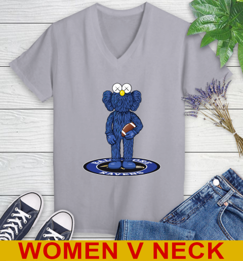 NFL Football Baltimore Ravens Kaws Bff Blue Figure Shirt Women's V-Neck T-Shirt - Image 6