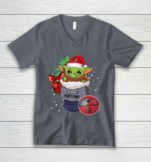 Portland Trail Blazers Christmas Baby Yoda Star Wars Funny Happy NBA V-Neck T-Shirt 5