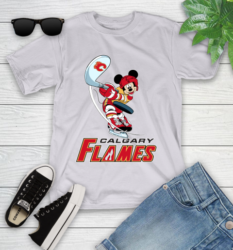 NHL Hockey Calgary Flames Cheerful Mickey Mouse Shirt Youth T-Shirt 4