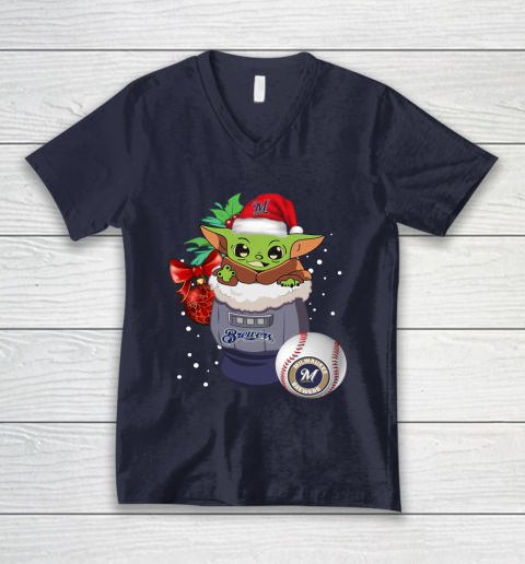 Milwaukee Brewers Christmas Baby Yoda Star Wars Funny Happy MLB V-Neck T-Shirt 3