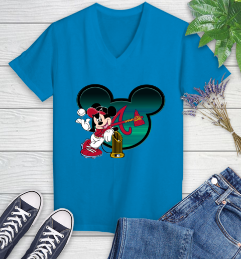 MLB Atlanta Braves The Commissioner's Trophy Mickey Mouse Disney Women's V-Neck T-Shirt 7