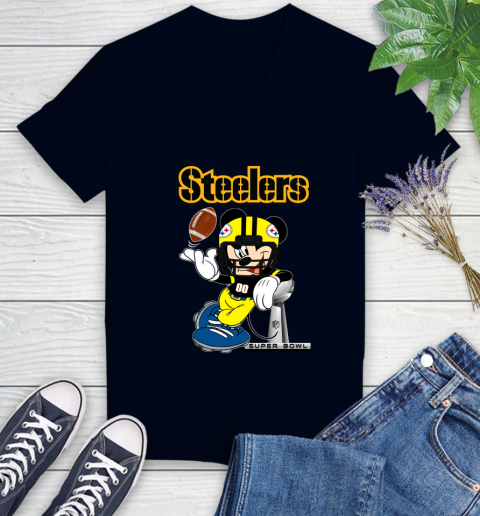 NFL Pittsburgh Steelers Mickey Mouse Disney Super Bowl Football T Shirt Women's V-Neck T-Shirt 3