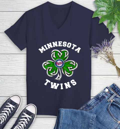 MLB Minnesota Twins Three Leaf Clover St Patrick's Day Baseball Sports Women's V-Neck T-Shirt 12