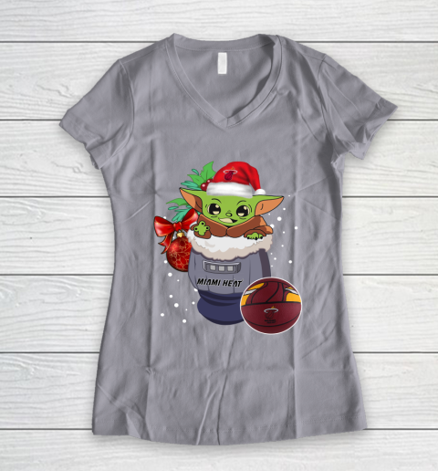 Miami Heat Christmas Baby Yoda Star Wars Funny Happy NBA Women's V-Neck T-Shirt 4