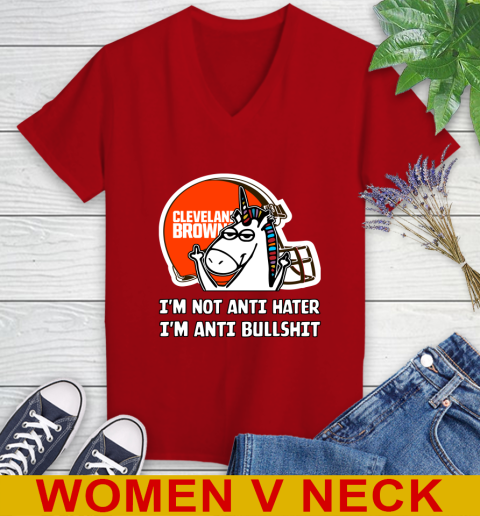 Cleveland Browns NFL Football Unicorn I'm Not Anti Hater I'm Anti Bullshit Women's V-Neck T-Shirt 12