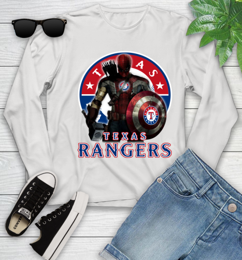 MLB Captain America Thor Spider Man Hawkeye Avengers Endgame Baseball Texas Rangers Youth Long Sleeve