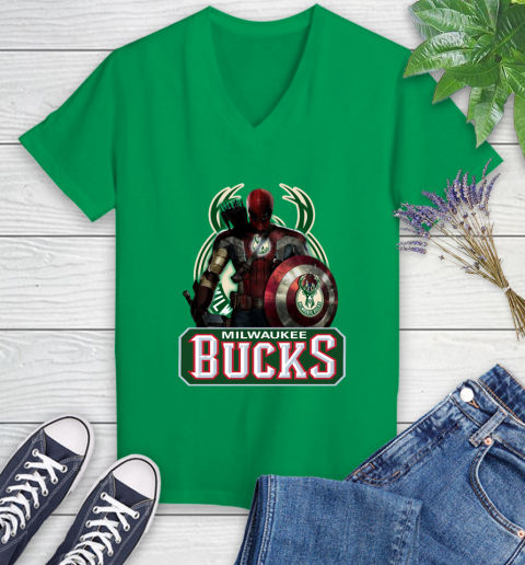 Milwaukee Bucks NBA Basketball Captain America Thor Spider Man Hawkeye Avengers Women's V-Neck T-Shirt 5