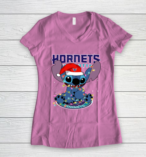 Charlotte Hornets NBA noel stitch Basketball Christmas Women's V-Neck T-Shirt 8