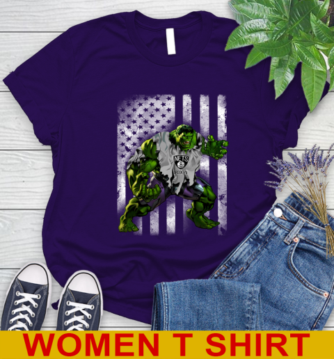Brooklyn Nets Hulk Marvel Avengers NBA Basketball American Flag Women's T-Shirt 4