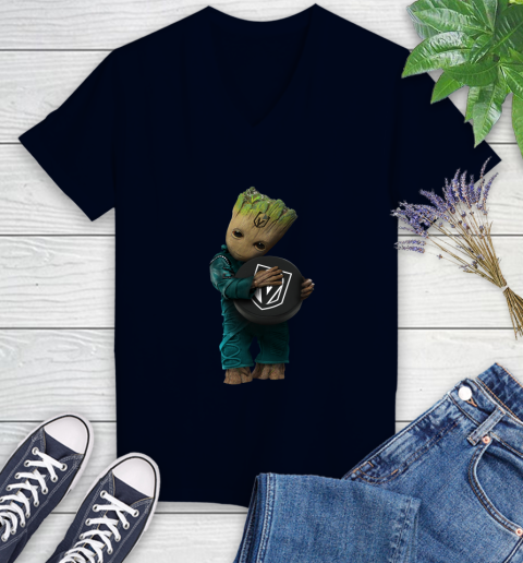 NHL Groot Guardians Of The Galaxy Hockey Sports Vegas Golden Knights Women's V-Neck T-Shirt 3