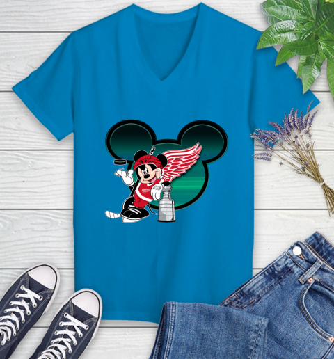 NHL Detroit Red Wings Stanley Cup Mickey Mouse Disney Hockey T Shirt Women's V-Neck T-Shirt 7