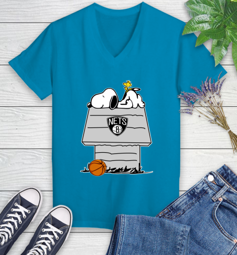 Brooklyn Nets NBA Basketball Snoopy Woodstock The Peanuts Movie Women's V-Neck T-Shirt 7