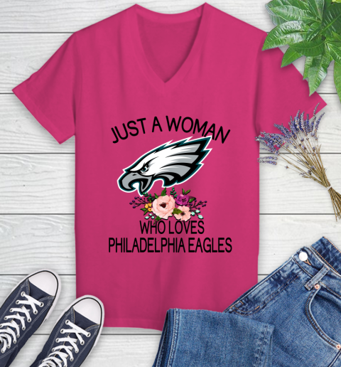 NFL Just A Woman Who Loves Philadelphia Eagles Football Sports Women's V-Neck T-Shirt 5