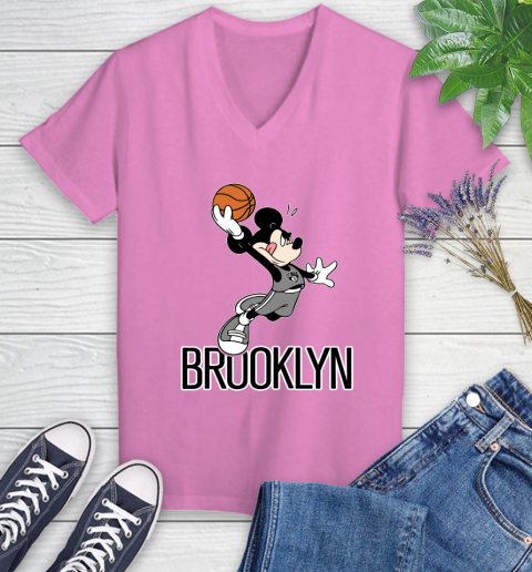 NBA Basketball Brooklyn Nets Cheerful Mickey Mouse Shirt Women's V-Neck T-Shirt 12