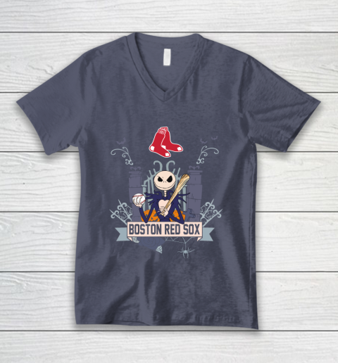 MLB Boston Red Sox Baseball Jack Skellington Halloween V-Neck T-Shirt 7