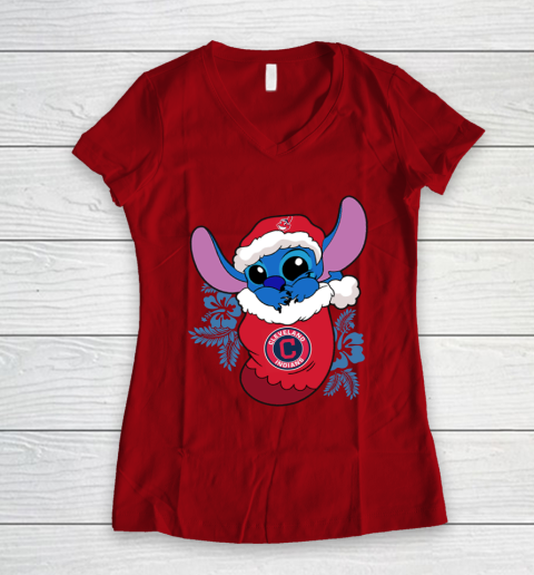 Cleveland Indians Christmas Stitch In The Sock Funny Disney MLB Women's V-Neck T-Shirt 10