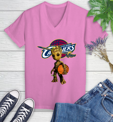 Cleveland Cavaliers NBA Basketball Groot Marvel Guardians Of The Galaxy Women's V-Neck T-Shirt 14