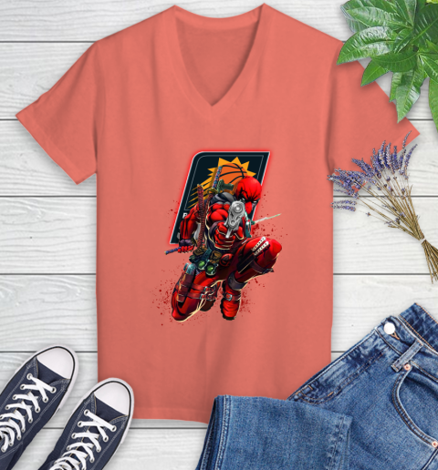 NBA Deadpool Marvel Comics Sports Basketball Phoenix Suns Women's V-Neck T-Shirt 6