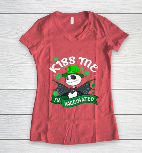 Kiss Me I'm Vaccinated Patrick's Day Jack Skellington Women's V-Neck T-Shirt 4