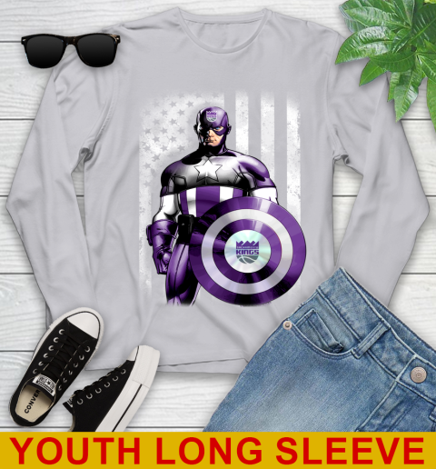 Sacramento Kings NBA Basketball Captain America Marvel Avengers American Flag Shirt Youth Long Sleeve 5