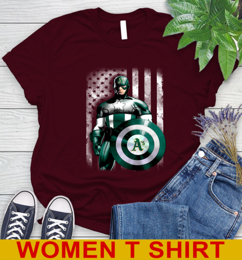Oakland Athletics MLB Baseball Captain America Marvel Avengers American Flag Shirt Women's T-Shirt 6