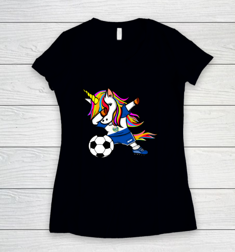 Dabbing Unicorn El Salvador Football Salvadorian Flag Soccer Women's V-Neck T-Shirt