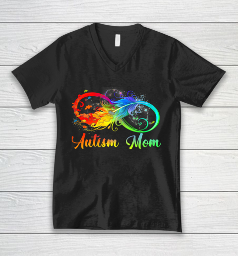 Womens Tu Autism Mom Colorful Feather Autism Awareness Support V-Neck T-Shirt
