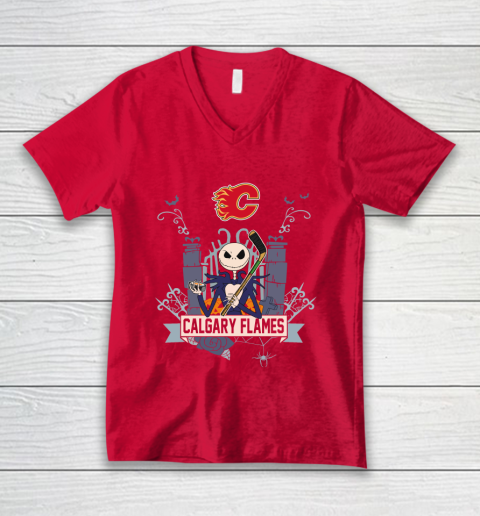 NHL Calgary Flames Hockey Jack Skellington Halloween V-Neck T-Shirt 6