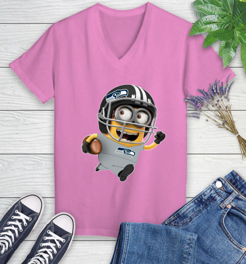 NFL Seattle Seahawks Minions Disney Football Sports Women's V-Neck T-Shirt 14