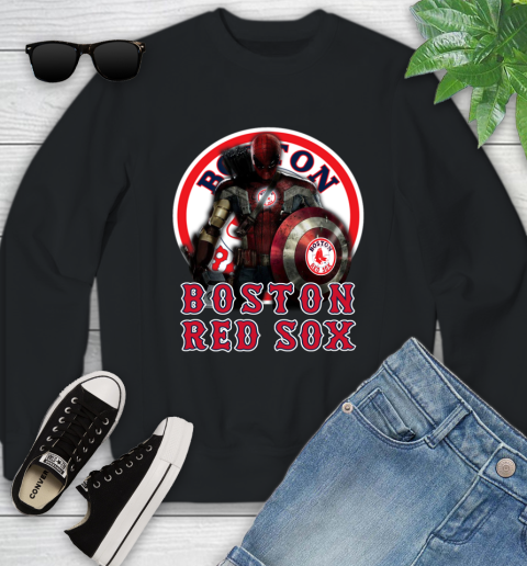 MLB Captain America Thor Spider Man Hawkeye Avengers Endgame Baseball Boston Red Sox Youth Sweatshirt 2