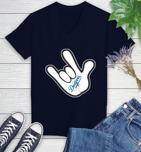 Los Angeles Dodgers MLB Baseball Mickey Rock Hand Disney Women's V-Neck T-Shirt 3
