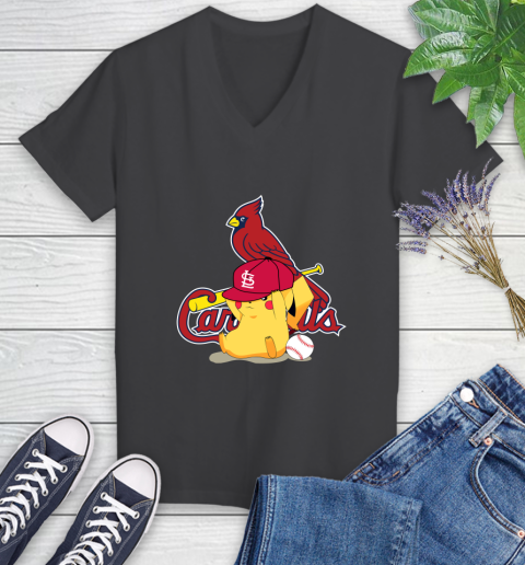 MLB Pikachu Baseball Sports St.Louis Cardinals Women's V-Neck T-Shirt 8