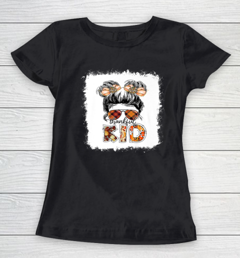 Bleached Thankful Kid Leopard Messy Bun Fall Thanksgiving Women's T-Shirt