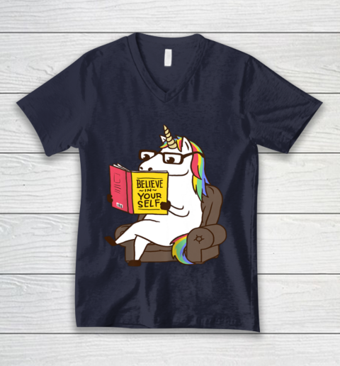 Unicorn Shirt Believe in Yourself Motivational Book Lover V-Neck T-Shirt 3