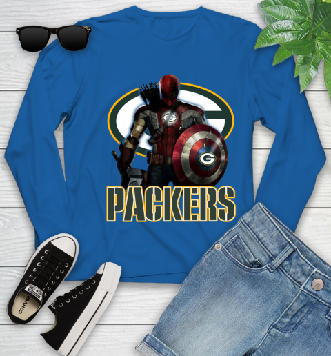 NFL Captain America Thor Spider Man Hawkeye Avengers Endgame Football Green Bay Packers Youth Long Sleeve 9