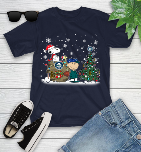 MLB Seattle Mariners Snoopy Charlie Brown Christmas Baseball Commissioner's Trophy Youth T-Shirt 2